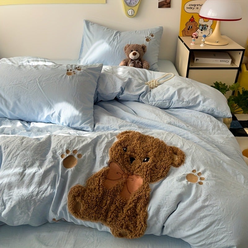 Cute Bear Towel Super Soft And Warm Girlish Skin-Friendly Bedding Set (Including 1 Duvet Cover + 1 Bed Sheet + 2 Pillowcases) - Image 3