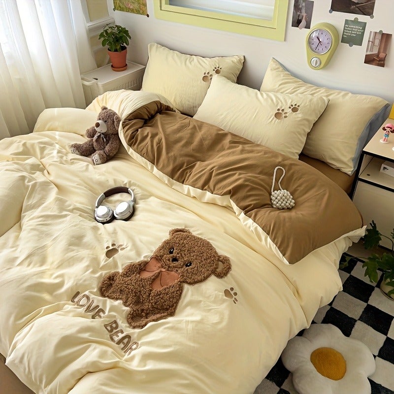 Cute Bear Towel Super Soft And Warm Girlish Skin-Friendly Bedding Set (Including 1 Duvet Cover + 1 Bed Sheet + 2 Pillowcases) - Image 2