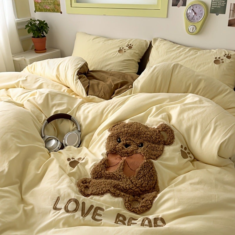 Cute Bear Towel Super Soft And Warm Girlish Skin-Friendly Bedding Set (Including 1 Duvet Cover + 1 Bed Sheet + 2 Pillowcases) - Image 1