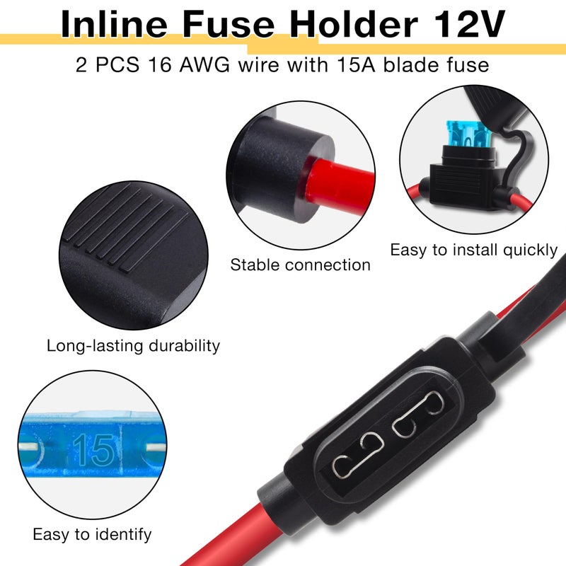 ecocstm 2 PCS Inline Fuse Holders 12V, 16 AWG Car Gauge Inline Fuses, Waterproof Fuse Holder with 15A ATC/ATO Standard Blade Fuses for Automotive, Marine, Golf Cart Lighting, Electrical Circuits - Image 4