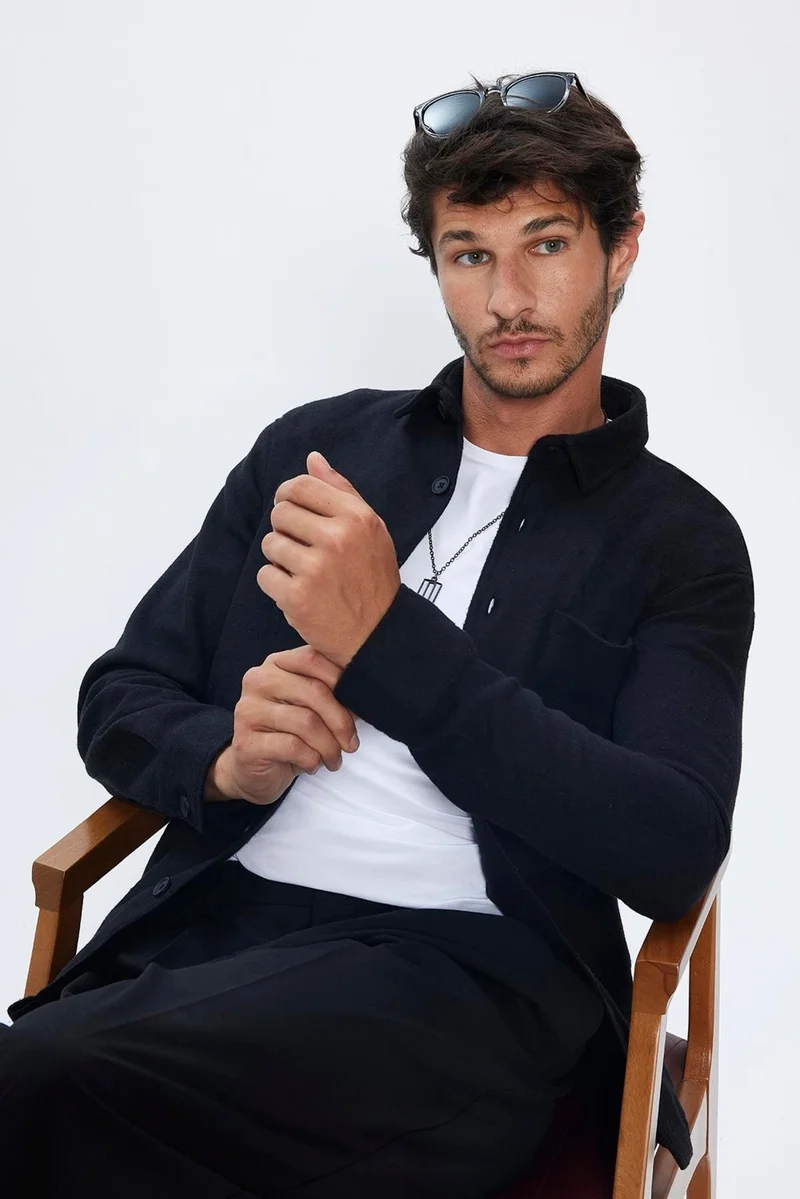 تودورس Men's Relax Fit Casual Cut Single Pocket Plain Winter Lumberjack Black Shirt