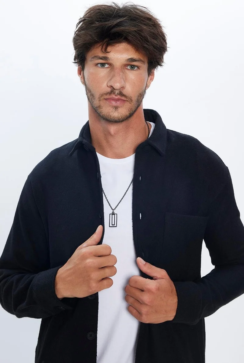 تودورس Men's Relax Fit Casual Cut Single Pocket Plain Winter Lumberjack Black Shirt