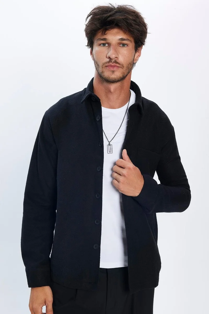 تودورس Men's Relax Fit Casual Cut Single Pocket Plain Winter Lumberjack Black Shirt