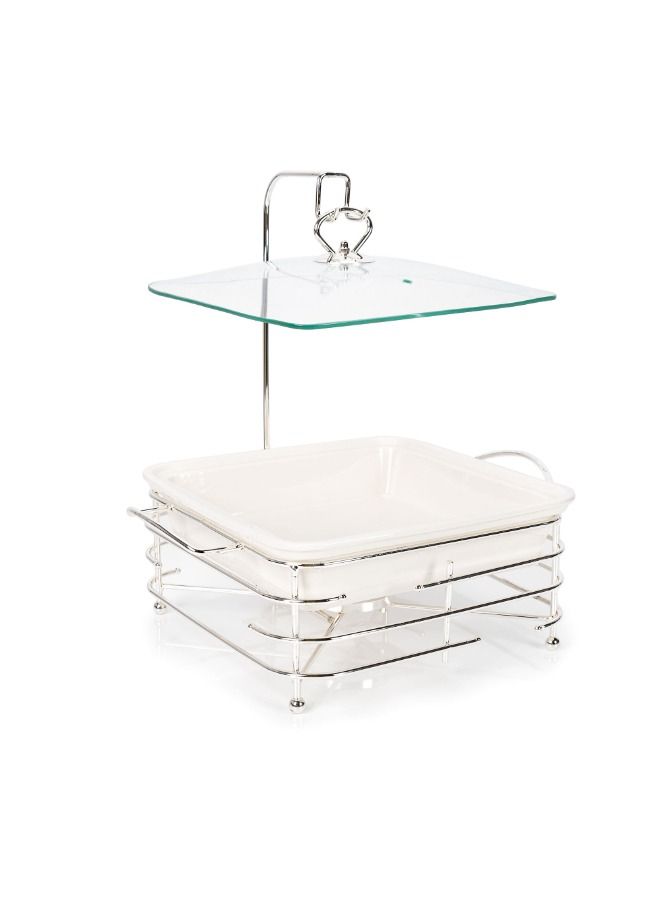 La Mesa Square Food Warmer Set With Candle Stand Silver Porcelain 11Inch  - Image 1