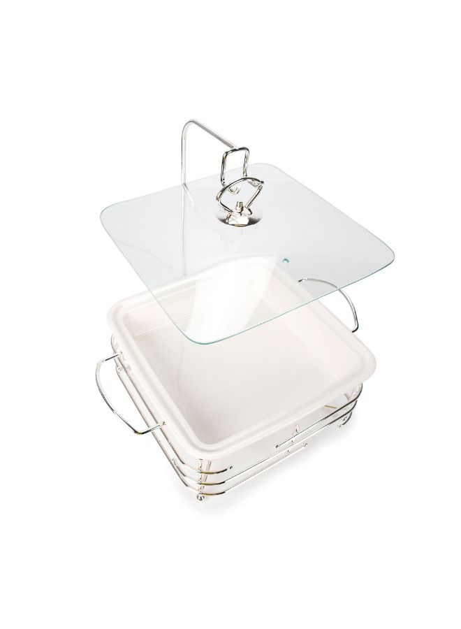 La Mesa Square Food Warmer Set With Candle Stand Silver Porcelain 11Inch  - Image 3