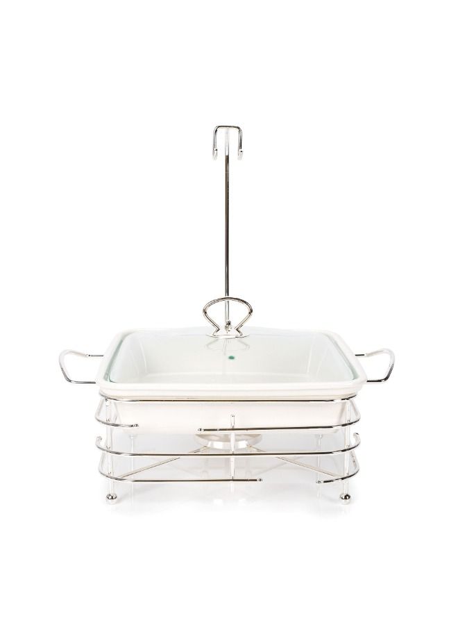 La Mesa Square Food Warmer Set With Candle Stand Silver Porcelain 11Inch  - Image 2