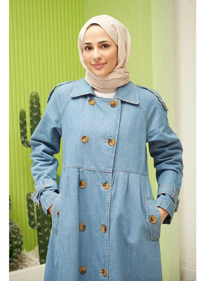 Neways 6632-REGLAN Sleeved Pleated Denim Jacket Blue