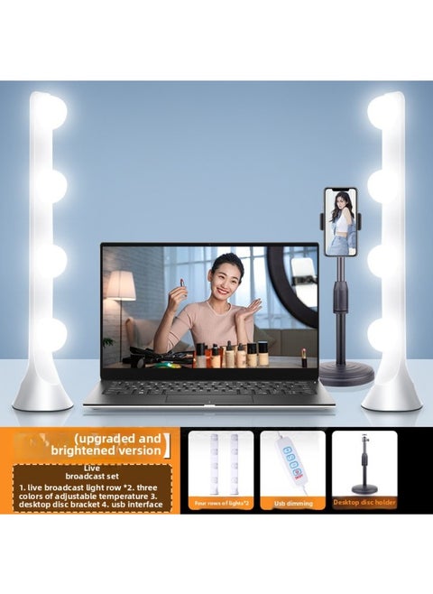 Desktop Row Light Live Fill Light Anchor Dedicated Computer Double Row Makeup Atmosphere Bulb Indoor Face Lighting Light-Specifications:[Upgrade And Highlight] Single Row 8 Bulbs (three-color Electrodeless Dimming) + Desktop Mobile Phone Bracket