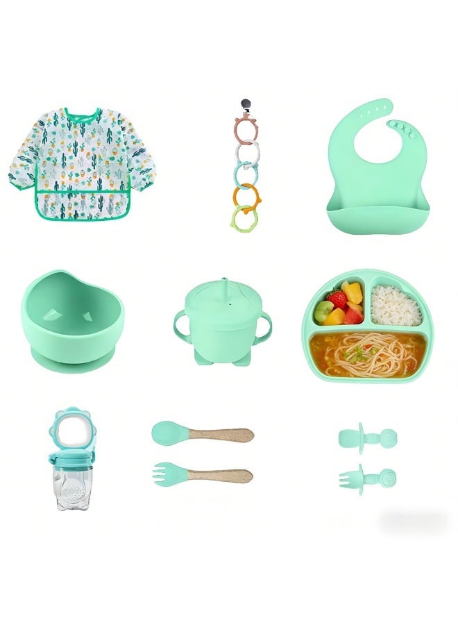 CESETH 12-Piece Silicone Feeding Set For Babies - Bpa-Free Baby Tableware Set, Including Suction Bowl / Water Cup / Fruit Teething Toy And A Soft Silicone Bib And Tableware With Adjustable Design. Food-Grade Silicone Without Bisphenol A, Suitable For Children Aged 6 Months And Above. Baby Tableware Set - Green - Image 3