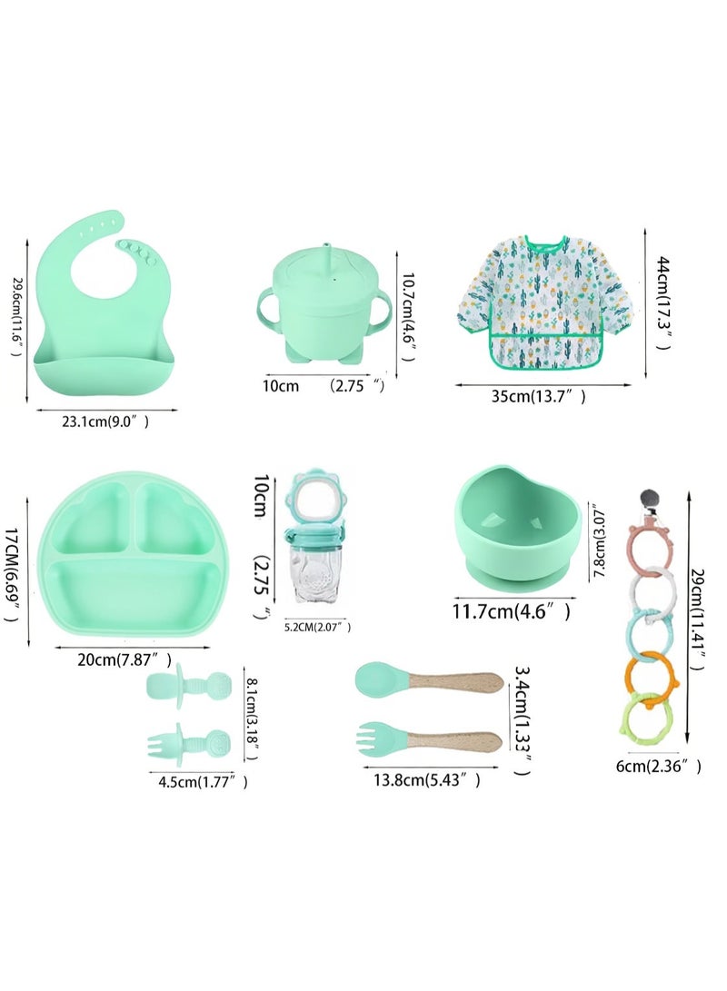 CESETH 12-Piece Silicone Feeding Set For Babies - Bpa-Free Baby Tableware Set, Including Suction Bowl / Water Cup / Fruit Teething Toy And A Soft Silicone Bib And Tableware With Adjustable Design. Food-Grade Silicone Without Bisphenol A, Suitable For Children Aged 6 Months And Above. Baby Tableware Set - Green - Image 2