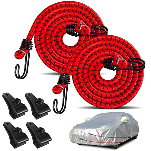 Hlogree 2PCS Car Cover Gust Straps Wind Protector,Bungee Cords Hook Clips Kit Hold Tarp Tie Down from Blowing Off in High Winds-Universal Fit for Most Cars,Sedans,SUVs,Trucks,Vans and More-Red - Image 1