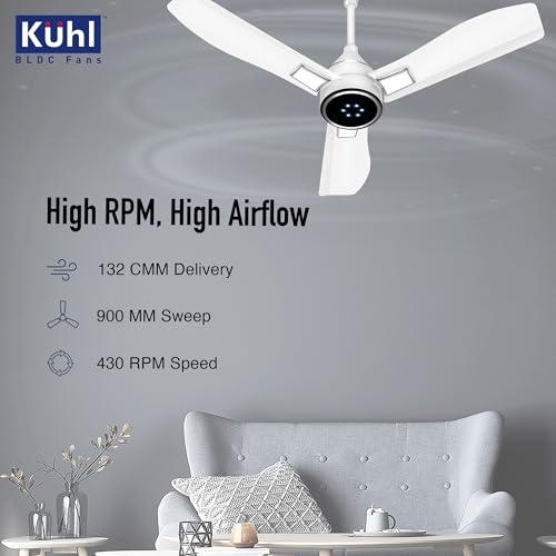 KUHL Arctis A8 900 mm BLDC 65% Power Saving BLDC Ceiling Fan With Remote | BEE 5 Star Rated & ISI Marked | High Air Flow & LED Indicators | 5 Year Warranty on Motor | White - Image 4
