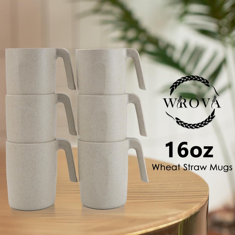 Wrova 16oz Wheat Straw Cups with handles set of 6Plastic Cups ReusableUnbreakable Kids MugsDishwasher Safe  Microwave SafeIdeal Plastic Mugs for TeaCoffeeCampingRVBeige - Image 5