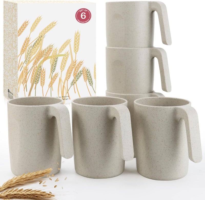 Wrova 16oz Wheat Straw Cups with handles set of 6Plastic Cups ReusableUnbreakable Kids MugsDishwasher Safe  Microwave SafeIdeal Plastic Mugs for TeaCoffeeCampingRVBeige - Image 1