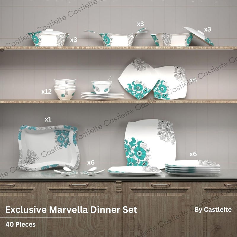 Castleite Marvella 40 Pieces Melamine Dinner Set - Elegant, Break & Stain Resistant, Designer Crockery Dinnerware in Exclusive Edgy Square Shape for Your own Home Kitchen or Gifting (Lazuli Dream) - Image 2