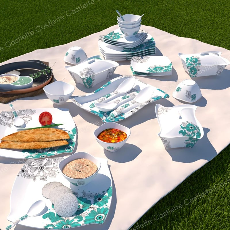 Castleite Marvella 40 Pieces Melamine Dinner Set - Elegant, Break & Stain Resistant, Designer Crockery Dinnerware in Exclusive Edgy Square Shape for Your own Home Kitchen or Gifting (Lazuli Dream) - Image 3