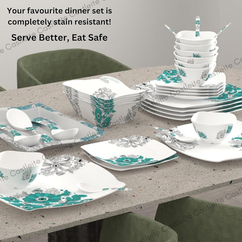 Castleite Marvella 40 Pieces Melamine Dinner Set - Elegant, Break & Stain Resistant, Designer Crockery Dinnerware in Exclusive Edgy Square Shape for Your own Home Kitchen or Gifting (Lazuli Dream) - Image 4