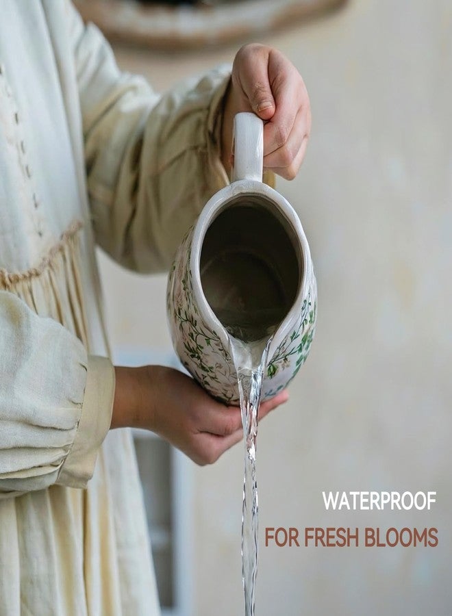 Teweiqi Ceramic Green and White Floral Vase with Handle, Rustic Farmhouse Pitcher Flower Vase, Chinoiserie Floral Vase for Home Decor, Living Room, Shelf, Office, Rustic Table Centerpiece 8 Inch - Image 4