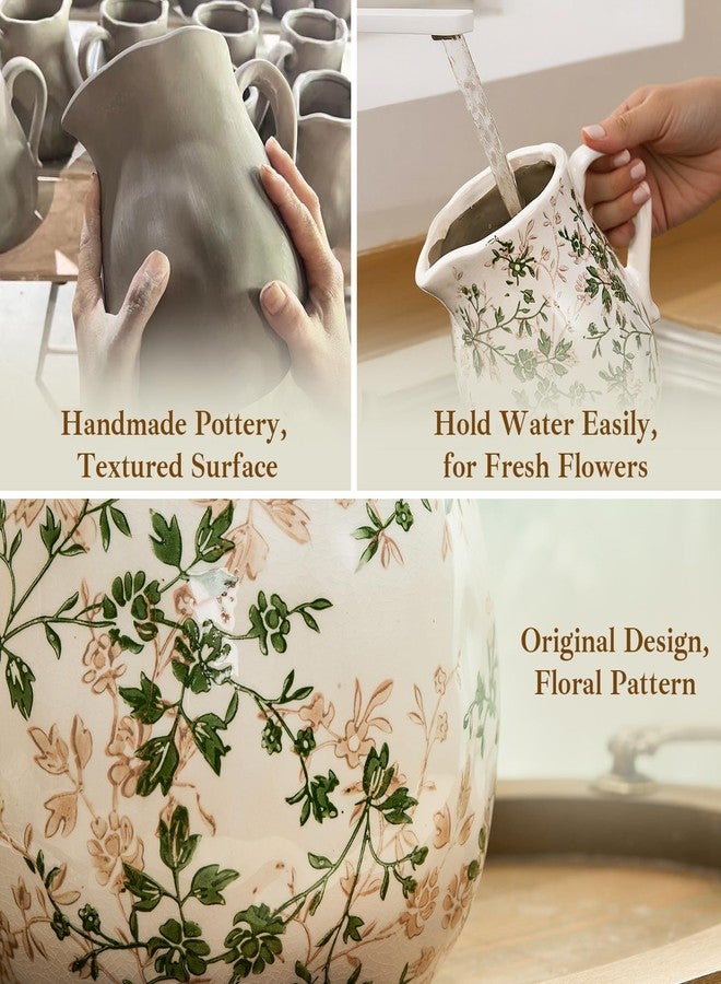 Teweiqi Ceramic Green and White Floral Vase with Handle, Rustic Farmhouse Pitcher Flower Vase, Chinoiserie Floral Vase for Home Decor, Living Room, Shelf, Office, Rustic Table Centerpiece 8 Inch - Image 5