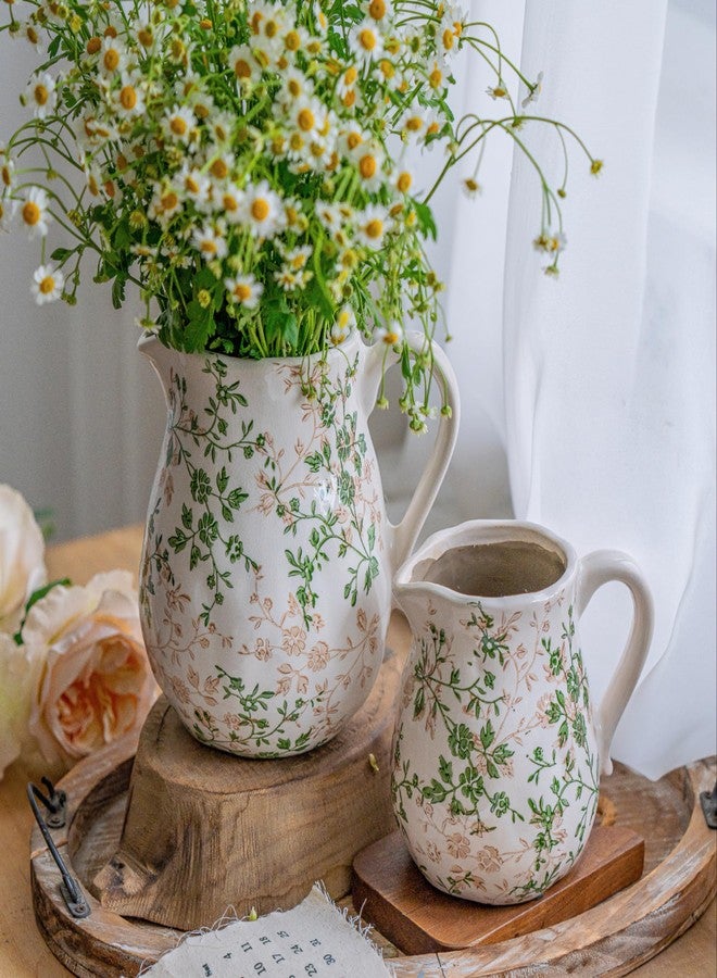 Teweiqi Ceramic Green and White Floral Vase with Handle, Rustic Farmhouse Pitcher Flower Vase, Chinoiserie Floral Vase for Home Decor, Living Room, Shelf, Office, Rustic Table Centerpiece 8 Inch - Image 2