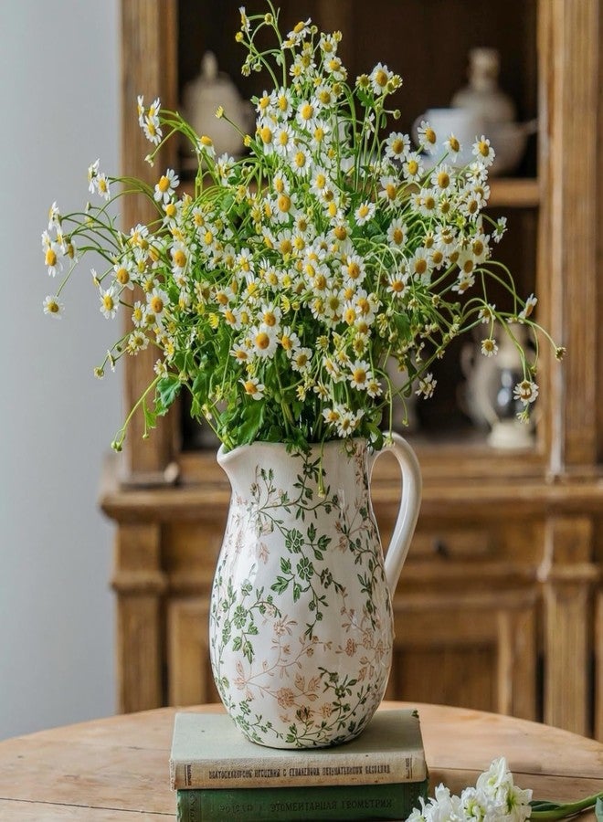 Teweiqi Ceramic Green and White Floral Vase with Handle, Rustic Farmhouse Pitcher Flower Vase, Chinoiserie Floral Vase for Home Decor, Living Room, Shelf, Office, Rustic Table Centerpiece 8 Inch - Image 1