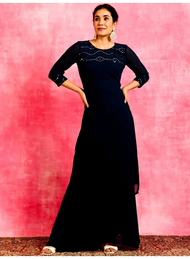 AKS Blue Mirror Work Straight Kurta