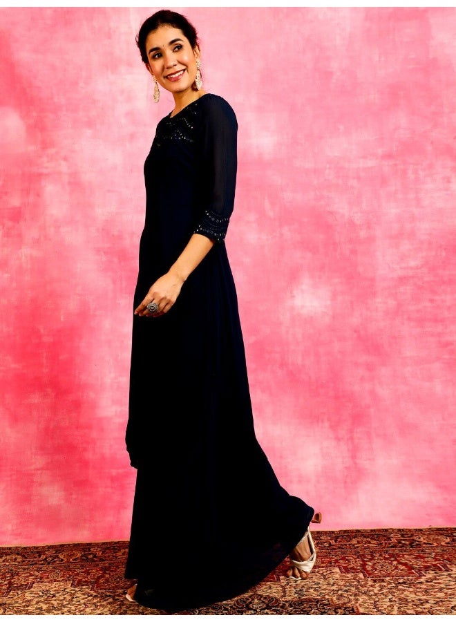 AKS Blue Mirror Work Straight Kurta - Image 4