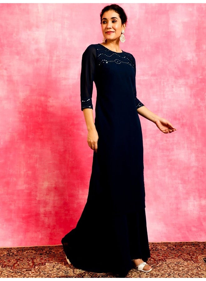 AKS Blue Mirror Work Straight Kurta - Image 3