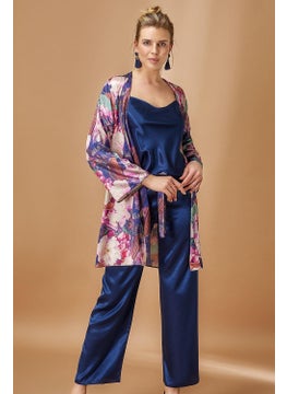 Nurteks 5951 Women's Satin Dressing Gown Rope Suspender Pajama Set-Navy Blue  - Image 3