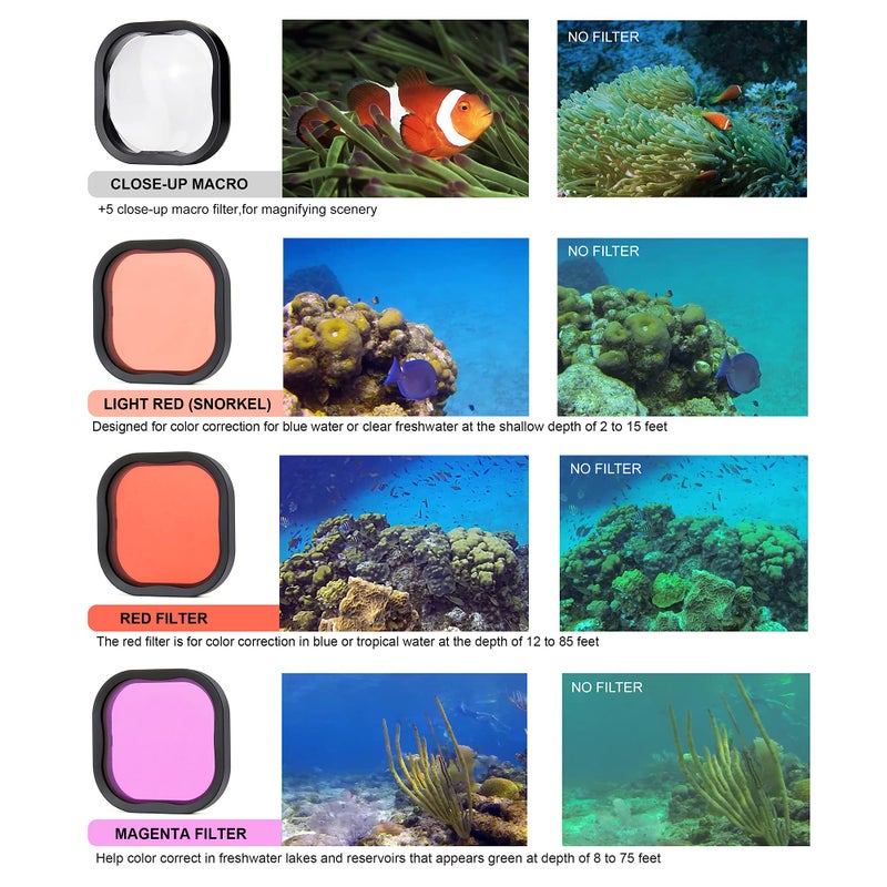 SOONSUN 4-Pack Dive Filter for GoPro Hero 13 12 11 10 9 8 Black Official Waterproof Housing - Red, Light Red, Magenta, 5X Close-up Macro Filters Color Correction for Underwater Photography and Video - Image 5