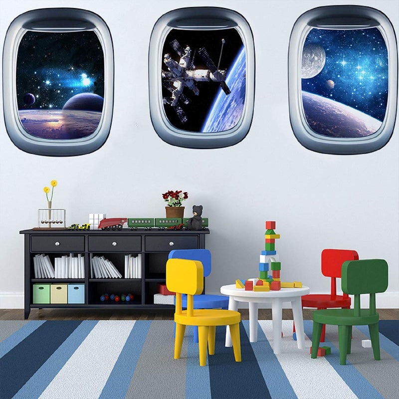 HERRA 3D Planet Universe Galaxy Outer Space Wall Decal Spacecraft Astronaut Wall Stickers Peel and Stick Removable Space Capsule Window Wall Stickers Wall Mural for Bedroom Living Room Kids Room