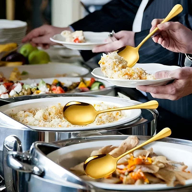 3 قطع من ملاعق تقديم سلطة فاخرة مصنوعة من الفولاذ المقاوم للصدأ باللون الذهبي، مقبضها بطول 8.07 بوصة، مجموعة أدوات طبخ مثالية للتحريك والخلط والتقاط السلطات والمعكرونة والأرز والكاري. - Image 4