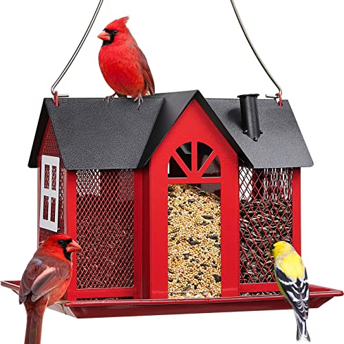 Kingsyard Bird Feeder House for Outside, Metal Mesh Wild Bird Feeder with Triple Feeders for Finch Cardinal Chickadee, Large Capacity, Weatherproof and Durable, Red - Image 1