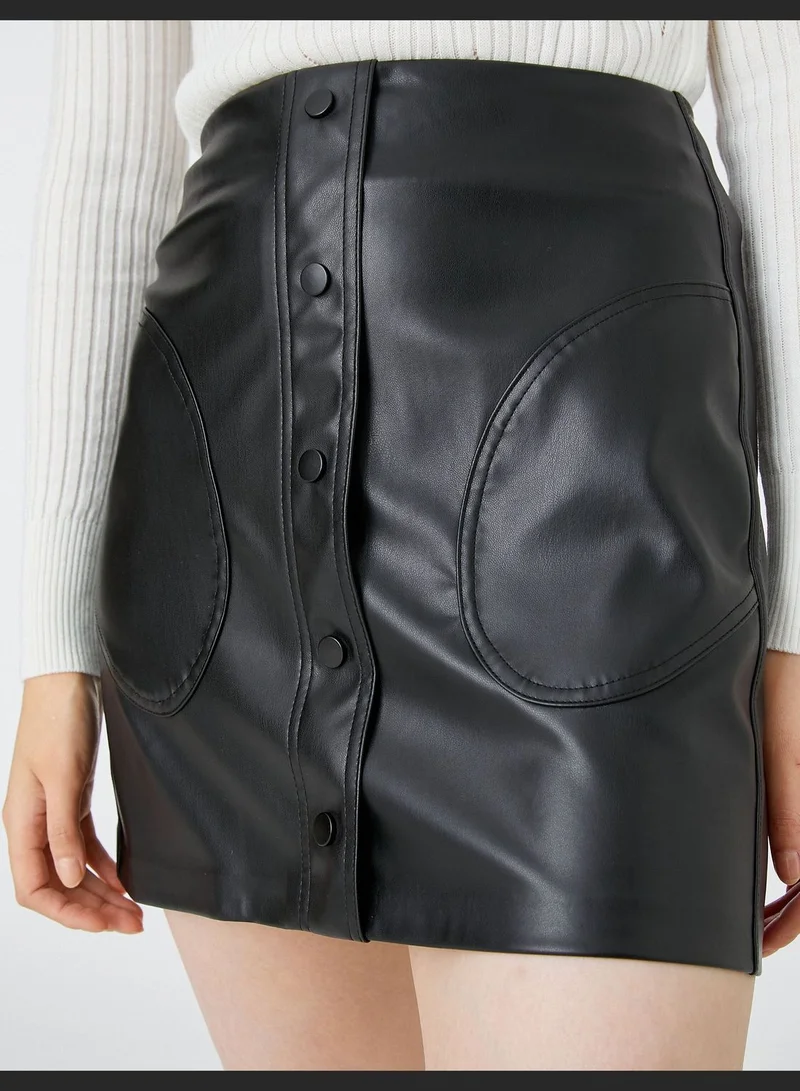 KOTON Faux Leather Button Mini Skirt