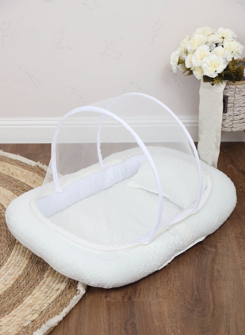 BABYCARA Baby Net Bed with Thick Mattress Mosquito Net with Zip Closure & Neck Pillow for New Born 0-4 Months Babies  - Image 1