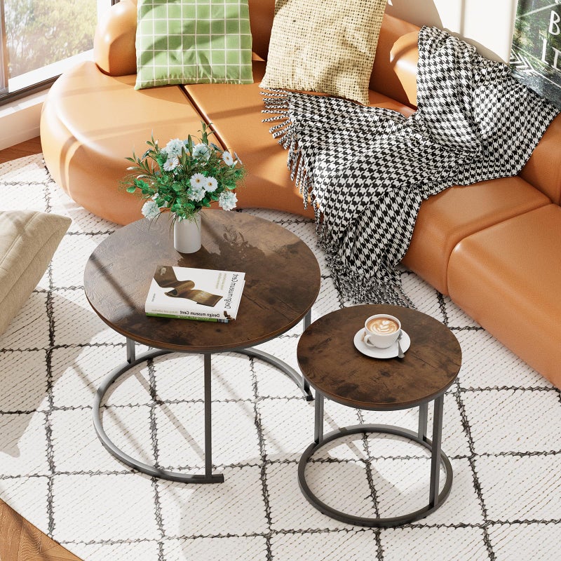 aboxoo Coffee Table Nesting Round Table Set of 2 Side Table with Sturdy Metal Frame for Living Room Bedroom Apartment Modern Industrial Simple Nightstand,Rustic Brown - Image 3