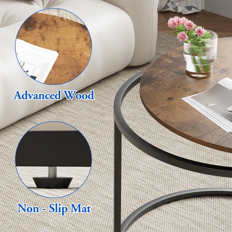 aboxoo Coffee Table Nesting Round Table Set of 2 Side Table with Sturdy Metal Frame for Living Room Bedroom Apartment Modern Industrial Simple Nightstand,Rustic Brown - Image 4