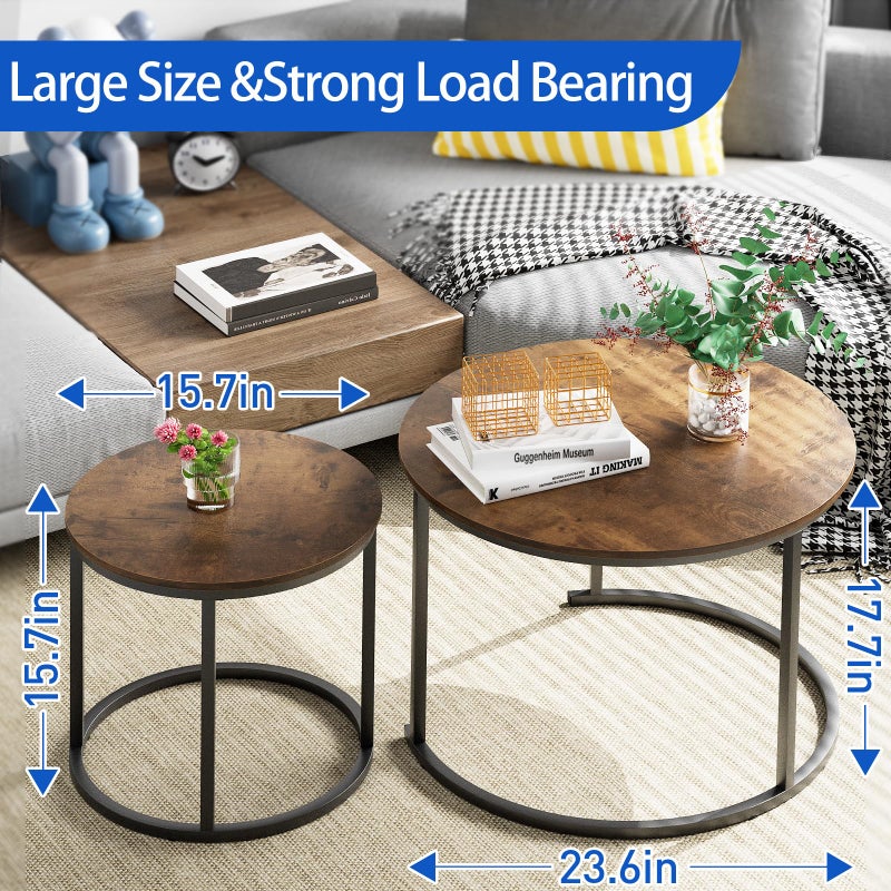 aboxoo Coffee Table Nesting Round Table Set of 2 Side Table with Sturdy Metal Frame for Living Room Bedroom Apartment Modern Industrial Simple Nightstand,Rustic Brown - Image 2