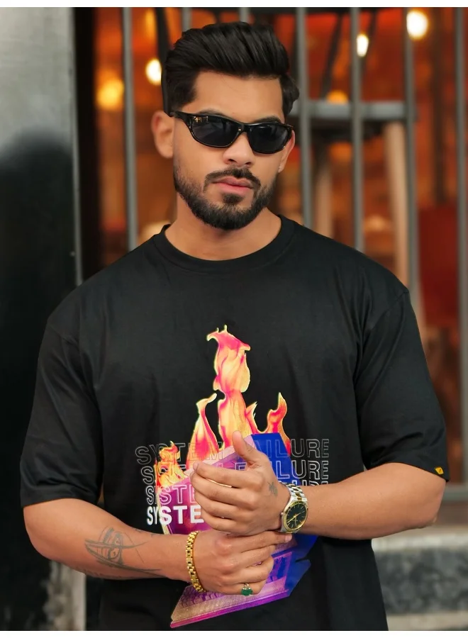 مانياك تيشيرت قطن رجالي مانياك بطبعة، بياقة دائرية، نصف كم، أسود وأبيض