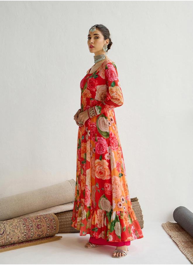 SASSAFRAS - Floral Printed Frill Hem Anarkali Kurta by Styli - Image 1