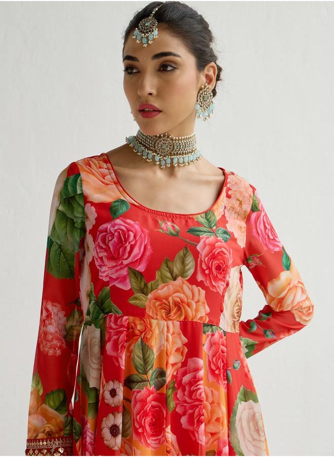 SASSAFRAS - Floral Printed Frill Hem Anarkali Kurta by Styli - Image 1