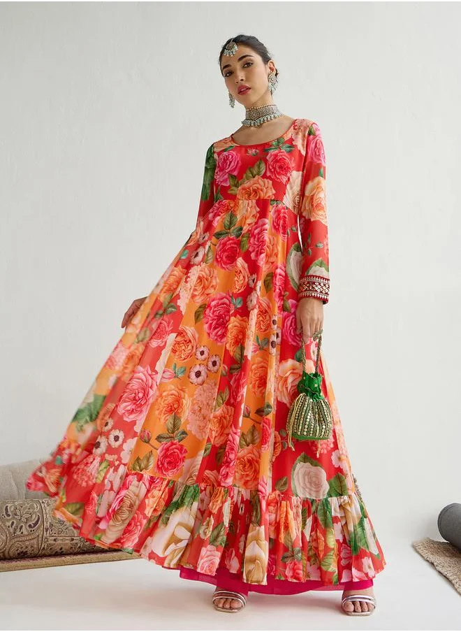 SASSAFRAS Floral Printed Frill Hem Anarkali Kurta