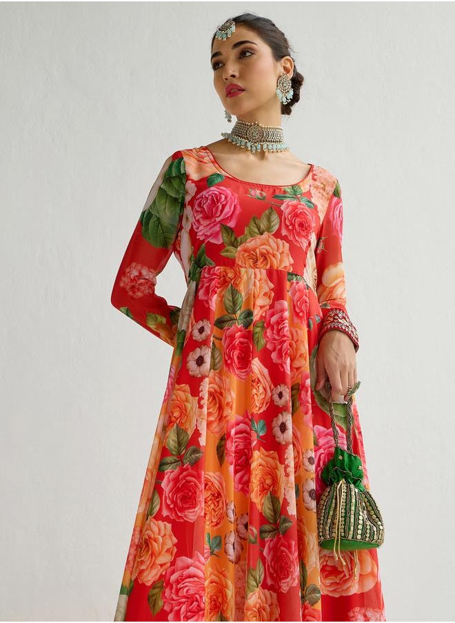 SASSAFRAS - Floral Printed Frill Hem Anarkali Kurta by Styli - Image 1