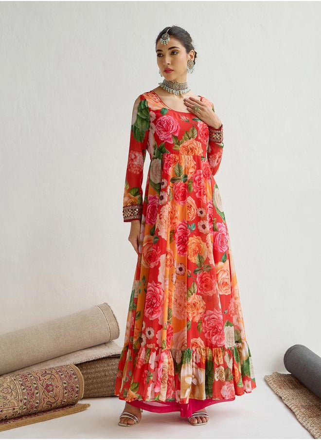 SASSAFRAS - Floral Printed Frill Hem Anarkali Kurta by Styli - Image 1