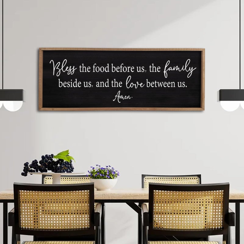Bless the Food Before Us Sign Wall Decor 40X15 Large Farmhouse Dining Room Wall Decor Framed Wood Rustic Home Wall Art Kitchen Decoration Wood Black