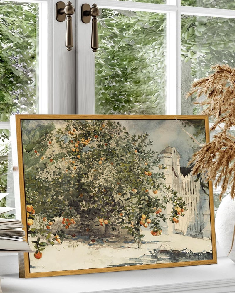 KBKBART لوحات فنية مؤطرة للمطبخ العتيق - طباعة شجرة البرتقال بالألوان المائية، لوحة زيتية، لافتة مطبخ ريفية، فن قماش لجدار غرفة الطعام، غرفة النوم، غرفة المعيشة، المزرعة، المعرض، صور عتيقة لتزيين الجدران (12"x16") - Image 4