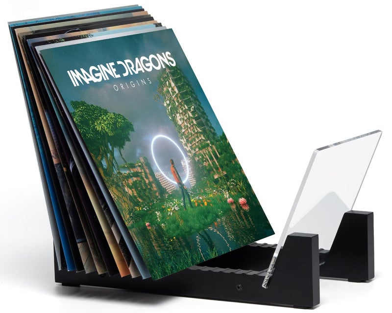 KAIU Vinyl Record Storage - Solid Wood with Crystal Clear Acrylic Holder - Premium Design, Perfect 12" LPs or 7" Singles Display Unit - Stores and Supports up to 50 Albums (Modern Black) - Image 1