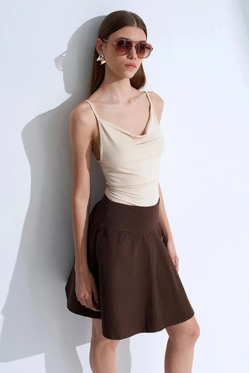 Dilvin Coffee Brown DILVIN High-Waist Cotton Poplin A-Line Mini Skirt for Women | Best Price UAE