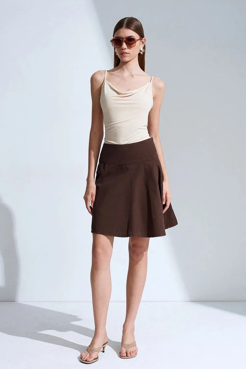 Dilvin Coffee Brown DILVIN High-Waist Cotton Poplin A-Line Mini Skirt for Women | Best Price UAE