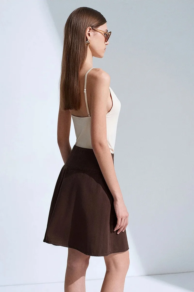 Dilvin Coffee Brown DILVIN High-Waist Cotton Poplin A-Line Mini Skirt for Women | Best Price UAE